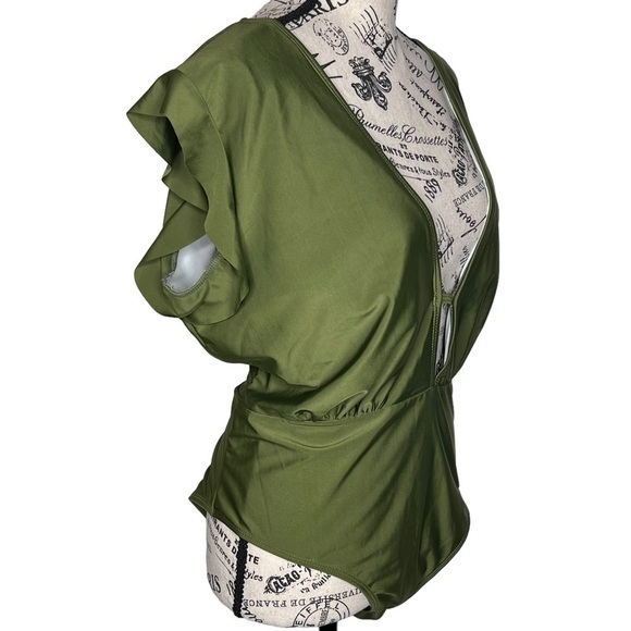 Olive Green One Piece Swim Suit Size 3X Plunging V-Neck Open Back Flutter Sleeve - Picture 14 of 16